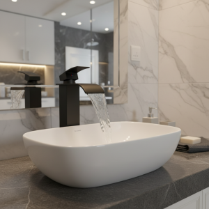 Robinet de lavabo cascade noir mat, mélangeur à poignée unique, robinet de grue de lavabo d&rsquo;eau chaude et froide pour salle de bains, robinet mitigeur de lavabo