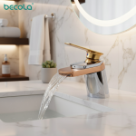 Becola robinet cascade salle de bains chaude et froide, tout cuivre or/Chrome/brossé bec de canard lavabo sous le robinet de comptoir
