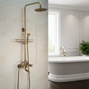 Ensemble de robinets de douche en laiton Antique, douche à pluie de 8 pouces, étagère de produits, mitigeur à double poignée, bec de baignoire pivotant, douche de bain