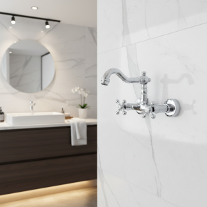 Robinets de lavabo muraux en laiton chromé poli, Double poignée, double trou, robinet mitigeur d&rsquo;évier de salle de bains pivotant zzh020