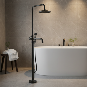 Robinet de baignoire de salle de bains sur pied noir de luxe, ensemble de douche, bec pivotant à double poignée, tuyau de douche de salle de bains mélangeur chaud et froid
