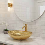 Lavabo en verre de cristal d&rsquo;or électrolytique Accueil Balcon Vasque Ovale Comptoir Salle De Bains Lavabo Avec Robinet De Cygne 50 * 35 * 15 cm