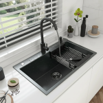 Évier de cuisine en acier inoxydable 304, lavabo à montage en surface, simple, couleur gris foncé, pour la maison, avec robinet de cuisine, accessoires de vidange