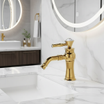 Robinet de lavabo en laiton finition dorée froide et chaude, robinet de lavabo de salle de bains, robinets de lavabo dorés de luxe, mitigeur de lavabo monté sur le pont à trou unique