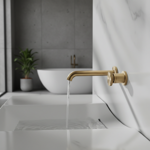 Robinet de lavabo de salle de bains mural en laiton brossé de luxe, moderne, poignée unique, réglage du débit/conception de robinet de vanité d’eau chaude et froide Robinet de lavabo de salle de bains mural en laiton brossé de luxe, moderne, poignée unique, réglage du débit/conception de robinet de vanité d’eau chaude et froide