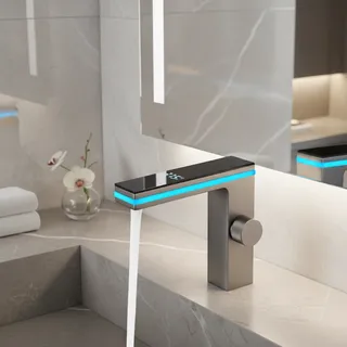 Mitigeur lavabo monotrou contemporain acier inox brossé plateau verre…