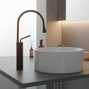 Robinet de salle de bains moderne, robinet d’évier à poignée unique à Arc élevé, lavabo en laiton, robinet d’eau chaude et froide avec accessoires de tuyau Robinet de salle de bains moderne, robinet d’évier à poignée unique à Arc élevé, lavabo en laiton, robinet d’eau chaude et froide avec accessoires de tuyau