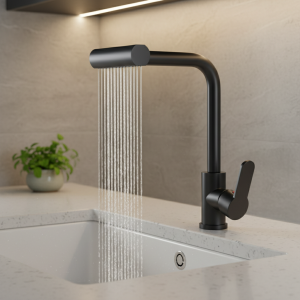 Robinet de cuisine en acier inoxydable avec 4 modes de débit d&rsquo;eau – 360 °   Vanne rotative en céramique, finition brossée, contrôle de l&rsquo;eau chaude et froide f