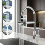 Robinets de cuisine cascade 4 en 1, robinet d&rsquo;évier de cuisine avec pomme de douche pivotante universelle, robinet rotatif à 360 degrés résistant aux éclaboussures