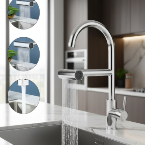 Robinets de cuisine cascade 4 en 1, robinet d&rsquo;évier de cuisine avec pomme de douche pivotante universelle, robinet rotatif à 360 degrés résistant aux éclaboussures