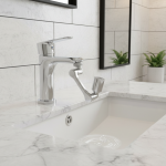 Robinet pivotant universel avec bec extensible, aérateur, fonction anti-éclaboussures et bras mécanique.