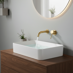 Robinet de lavabo de salle de bains, robinet mural dissimulé doré brossé, Rotation à 360 degrés, mitigeur de bain d&rsquo;eau chaude et froide à poignée unique