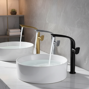 Robinet Baisn en or brossé, robinet de lavabo de salle de bains en laiton, robinet mitigeur d&rsquo;eau chaude et froide monté sur le pont, Chrome/noir