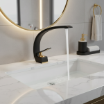 Robinet de centre commercial en laiton à eau froide et chaude, montage sur pont, accessoires incurvés, robinet de lavage blanc et doré, chrome noir