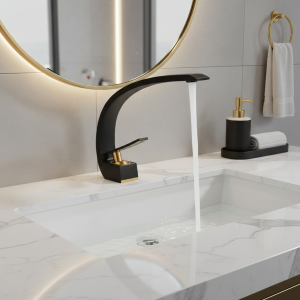 Robinet de centre commercial en laiton à eau froide et chaude, montage sur pont, accessoires incurvés, robinet de lavage blanc et doré, chrome noir Robinet de centre commercial en laiton à eau froide et chaude, montage sur pont, accessoires incurvés, robinet de lavage blanc et doré, chrome noir