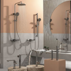 Ensemble de robinets de salle de bains haut de gamme, mitigeur en laiton massif, système de baignoire, cascade de douche, robinet d&rsquo;évier de cuisine, robinet de lavabo gris brossé Ensemble de douche thermostatique