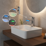 Cascade lumineuse LED tout en cuivre, robinet d&rsquo;eau chaude et froide, lavabo au-dessus du comptoir, robinet domestique