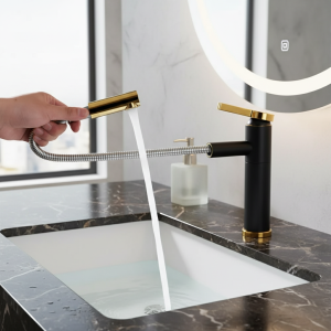 Robinet extractible pour lavabo de salle de bains, robinets en acier inoxydable, supporte l’eau chaude et froide 360 ° Mélangeur rotatif avec accessoires pour tuyaux Robinet extractible pour lavabo de salle de bains, robinets en acier inoxydable, supporte l’eau chaude et froide 360 ° Mélangeur rotatif avec accessoires pour tuyaux