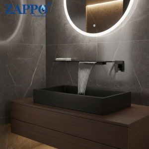 Robinet Cascade Mural en Laiton Solide, ZAPbag256, Robinet de Centre Commercial, Robinet d&rsquo;Évier HOBassin, Robinets à Levier Unique, Noir