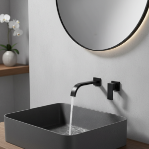 Robinet de lavabo de salle de bains mural de luxe 70cm, robinet d’eau chaude et froide à poignée unique, robinet de salle de bains noir Robinet de lavabo de salle de bains mural de luxe 70cm, robinet d’eau chaude et froide à poignée unique, robinet de salle de bains noir