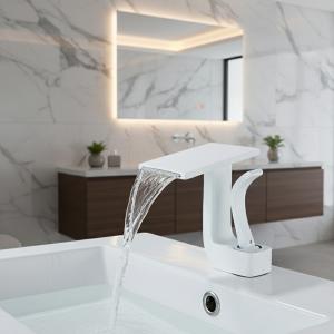 Cascade de conception carrée montée HODeck, ark blanc, robinet de centre commercial d’eau chaude et froide, grue à une poignée Cascade de conception carrée montée HODeck, ark blanc, robinet de centre commercial d’eau chaude et froide, grue à une poignée