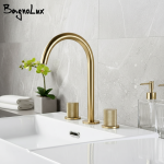 Robinet de lavabo en or brossé, robinet chaud et froid de salle de bains, conception moletée, mélangeur d&rsquo;évier à Double poignée monté sur le bureau, bec rotatif à 360 °