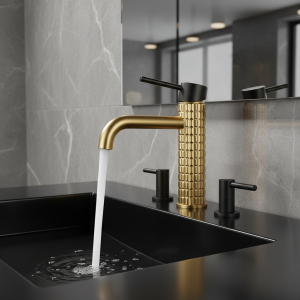 Bassin en or brossé, nettoyeur chaud et froid, robinets noirs, F/05 ets Bassin en or brossé, nettoyeur chaud et froid, robinets noirs, F/05 ets