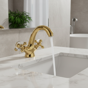 Robinet de lavabo de salle de bains en laiton et cristal de luxe, robinet d’évier monté sur le pont, robinet de mélange d’eau chaude et froide à double poignée, robinets dorés EL7426G Robinet de lavabo de salle de bains en laiton et cristal de luxe, robinet d’évier monté sur le pont, robinet de mélange d’eau chaude et froide à double poignée, robinets dorés EL7426G