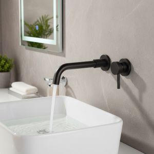 Robinet de salle de bains de luxe en laiton noir avec design mural, poignée unique, robinet de lavabo caché à double commande froide et chaude à 2 trous Robinet de salle de bains de luxe en laiton noir avec design mural, poignée unique, robinet de lavabo caché à double commande froide et chaude à 2 trous