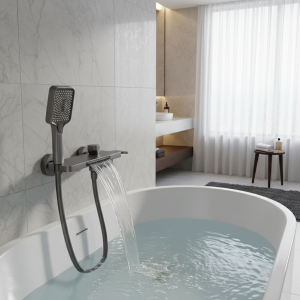 Robinet de baignoire cascade de salle de bains, avec pomme de douche à main, mitigeur mural chaud et froid, ensemble de douche à poignée unique