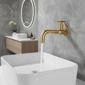 Robinet d’eau froide simple mural en acier inoxydable, robinet de lavabo en or brossé, lavabo à Long bec Robinet d’évier à vadrouille Robinet d’eau froide simple mural en acier inoxydable, robinet de lavabo en or brossé, lavabo à Long bec Robinet d’évier à vadrouille