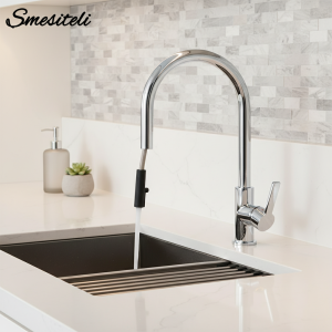 Robinet de cuisine et salle de bain monté sur le pont, eau chaude et froide, Smesiteli, poignée simple chromée et noire, double trou coulissant