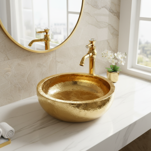 EllMAIDI-Évier de Luxe en Céramique Dorée, en Porcelaine, au-dessus du Comptoir, pour Salle de Bain