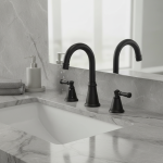 Mate robinet de lavabo noir, robinet d&rsquo;eau chaude et froide, bec rotatif à 360 °, conception moletée, Double poignée montée sur le pont, mélangeur d&rsquo;évier 3 pièces ki