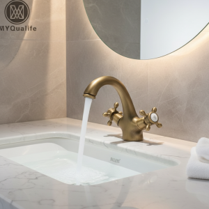 Robinet de lavabo à double poignée, monotrou, monté sur le pont, mélangeurs d&rsquo;évier de salle de bains en laiton, robinet chaud et froid