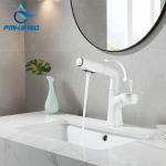 Robinet d&rsquo;évier de lavabo blanc extractible soulève vers le haut et vers le bas 360 °   Robinet mitigeur d&rsquo;eau chaude et froide monté sur le pont de grue de salle de bains de rotation 2 modes