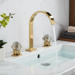 Robinet de lavabo doré, robinet d&rsquo;eau chaude et froide, trois trous, deux poignées, mitigeur, montage sur pont, salle de bains, lavabo, grue