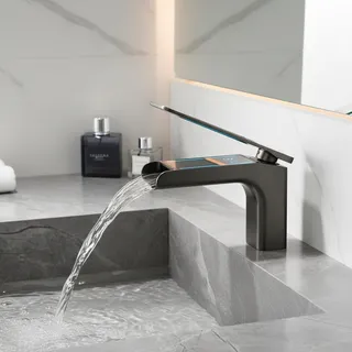 Mitigeur lavabo monocommande cascade bec plat large monotrou noir mat…