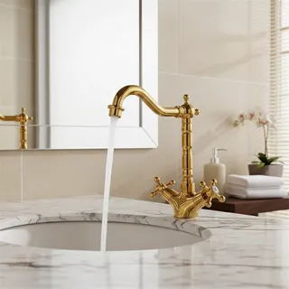 Robinet lavabo laiton doré antique victorien bec haut coudé poignée…
