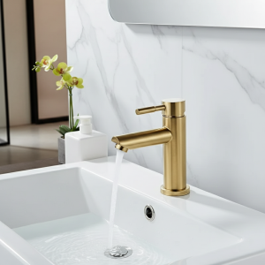 Robinet de salle de bains en laiton massif, robinet de lavabo de salle de bains, mitigeur d&rsquo;eau froide et chaude, robinet d&rsquo;évier à poignée unique monté sur le pont, robinet en or brossé