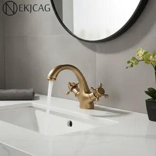 Mélangeur lavabo deux poignées croisillon bec cintré laiton brossé…