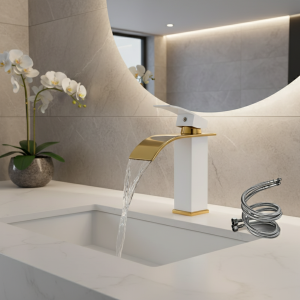 Robinet cascade de luxe noir blanc or avec tuyau chaud et froid, finition en alliage d’acier inoxydable à double commande pour évier de salle de bains Robinet cascade de luxe noir blanc or avec tuyau chaud et froid, finition en alliage d’acier inoxydable à double commande pour évier de salle de bains