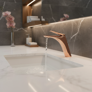 Robinets de salle de bains en or Rose brillant, robinet de lavabo bref, mitigeur d&rsquo;évier, robinet d&rsquo;eau de grue de lavabo monté sur le pont chaud et froid