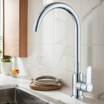 Robinet de cuisine traditionnel – robinet mitigeur d&rsquo;eau chaude et froide nickelé monotrou avec tuyau d&rsquo;entrée G1/2