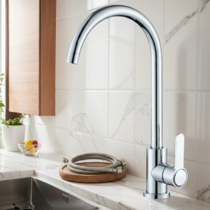 Robinet de cuisine traditionnel – robinet mitigeur d&rsquo;eau chaude et froide nickelé monotrou avec tuyau d&rsquo;entrée G1/2