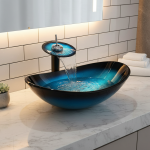 ZAPPO évier de salle de bains en verre trempé avec cascade robinet noir salle de bains ovale bleu éviers de navire au-dessus du lavabo de comptoir
