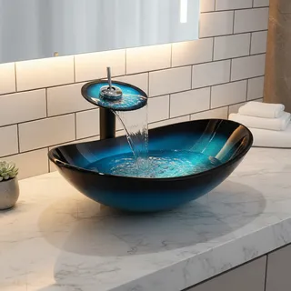 ZAPPO évier de salle de bains en verre trempé avec cascade robinet…