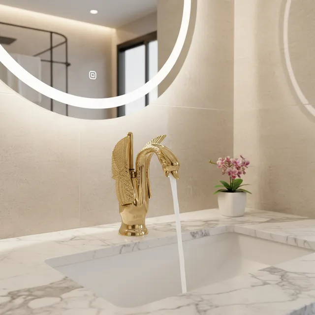 Robinet de lavabo en forme de cygne doré