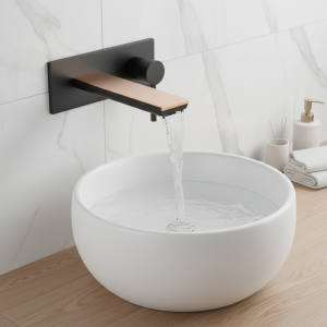 Robinet de lavabo dissimulé mural avec grande plaque, bec de cascade Rose or noir, robinet une pièce en laiton massif, couleur blanche Robinet de lavabo dissimulé mural avec grande plaque, bec de cascade Rose or noir, robinet une pièce en laiton massif, couleur blanche