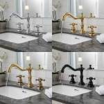 Kmmoun robinet de lavabo de salle de bains à bec fixe, 3 trous monté sur le pont, double poignée, mélangeur d&rsquo;eau chaude et froide, robinet d&rsquo;évier de lavabo en laiton, grue